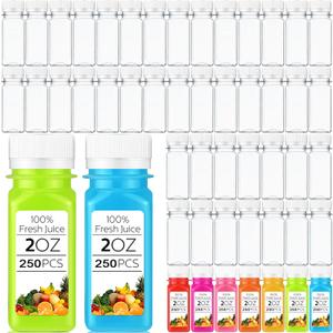 Sliner 250 Pcs 2 Oz Small Plastic Juice Bottles Ginger Juice Bottle with Lids Liquid Vial Reusable Clear Beverage Container with Lid, Freezer Safe, Leak Proof for Milk, Water