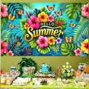 2 x Hello Summer Backdrop Banner 71 x 43 inch Flower Butterfly Hello Summer Outdoor Decorations Supplies Tropical Beach Hawaiian Party Themed Photo Booth Props