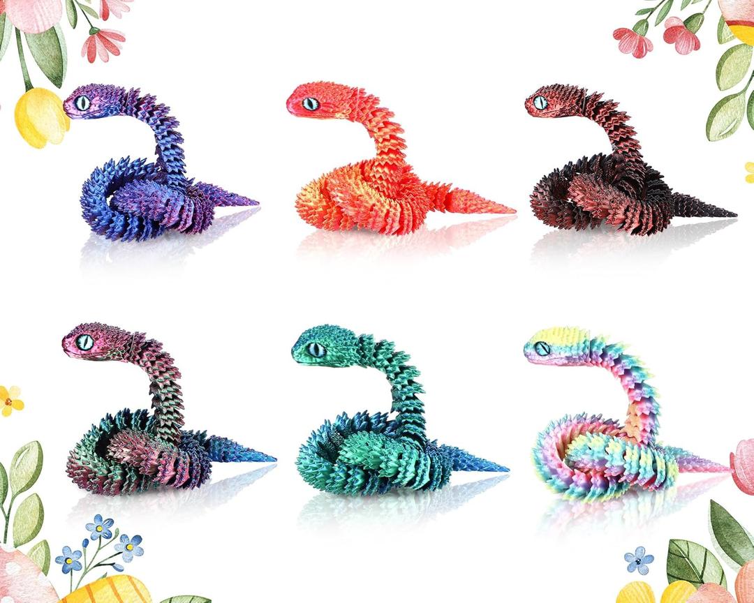 6 Pcs Easter Basket Stuffer Filler 12in 3D Printed Snake Toys Flexible 3D Printed Animal Relax Anxiety for Adults Games Gifts Animal Collectors, Easter Basket Essential (Pastel Color)