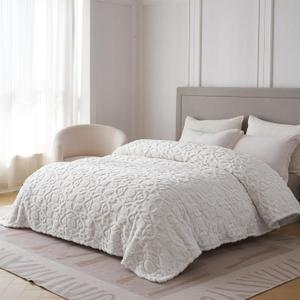 Home Fleece Queen Blanket for Couch, Bed, TV, Party, and Gift - 3D Jacquard Decorative Blankets - Cozy Soft Lightweight Fuzzy Flannel Blanket, All Seasons, 90x90 Inches, Ivory