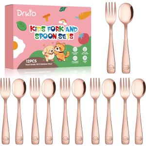 DRKIO Stainless Steel Toddler Utensils Set - 12 Pieces Kids Silverware Set Children Safe Food Grade Small Forks and Spoons Dishwasher Safe Mirror Polished (Rose Gold)
