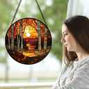 Stained Glass Window Hanging, Orange Red Landscape Forest Lake Moon Suncatcher for Doors Window Home Sun Catchers Decor Mother's Day Birthday Gifts for Women Men Mom 15 in