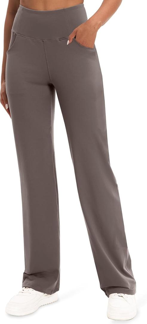 VOOVEEYA Yoga Pants Women with Pockets, Tummy Control Leggings Straight Leg High Waist Work Dress Pants Petite/Regular/Tall (Large, Purple Sandalwood)