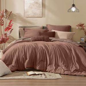 Monbix Queen Comforter Set - 7 Pieces Cationic Dyeing Terracotta Bed in a Bag Queen Bedding Sets with Comforter, Sheets, Pillowcases & Shams, Reversible Bedding Comforters Sets (7Piece-Queen(90X90''))