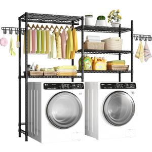 Ulif 65.3" W x 13.4" D x 77.5" H Clothes Drying Rack, 5 Tiers Over Washer and Dryer Laundry Room Storage and Organizer, Heavy-Duty Space Saver, Black