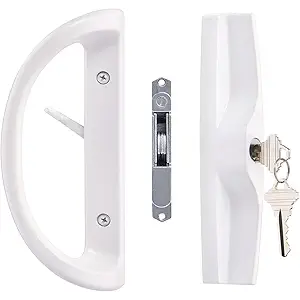 Patio Sliding Door Handle Set with Mortise Lock, Key Cylinder and Keeper, Replacement Handle Lock Set Fits Door Thickness from 1-1/2" to 1-3/4", 3-15/16" Screw Hole Spacing, Keyed, White