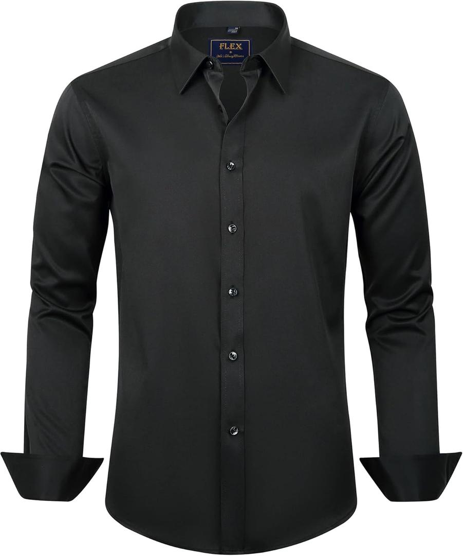 J.VER Men's Dress Shirts Solid Long Sleeve Stretch Wrinkle-Free Formal Shirt Business Casual Button Down Shirts (Medium, Black)