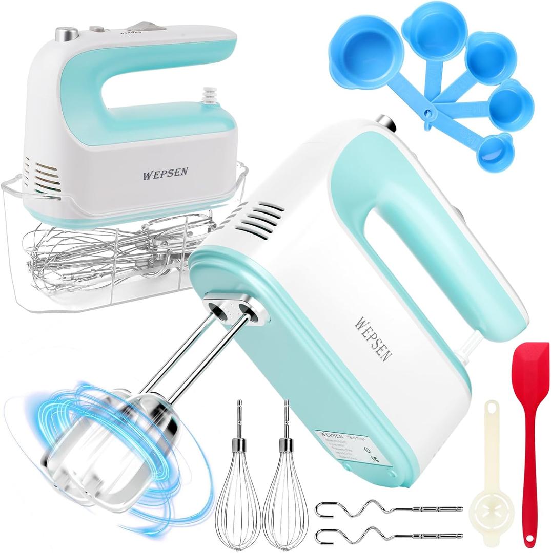 Hand Mixer Electric Handheld, 5-Speed Handheld Mixer, 380W Electric Mixer with Stainless Steel Whisk Beater Attachments, Snap-On Storage Case, Measuring Cups, Kitchen Cake Mixers for Baking Supplies (B-Mint Green)