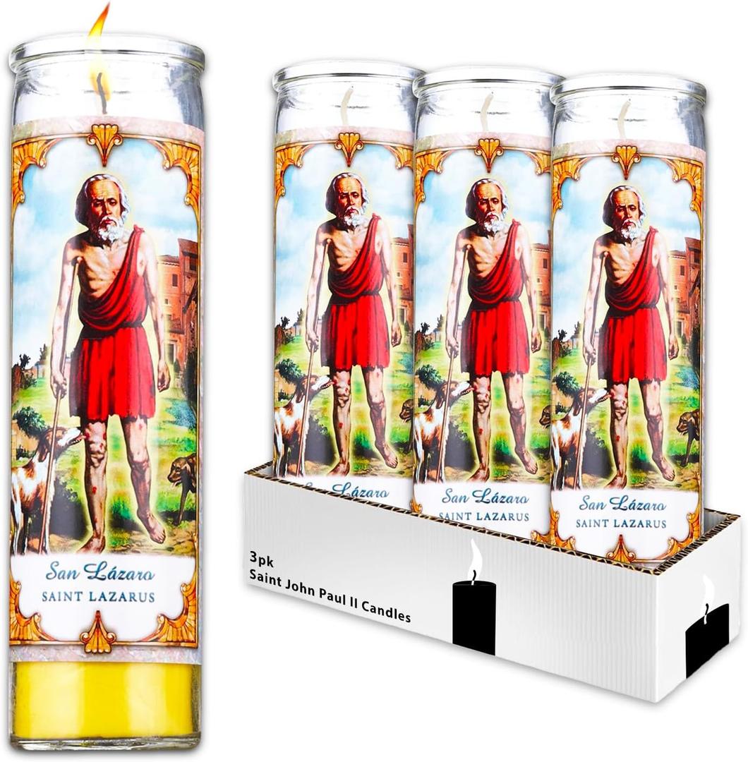 Saint Lazarus Religious Candle Set - Bundle of 3 San Lazaro 8" Yellow Candles for Vigils, Prayers, Blessing Ceremonies, and More | Devotional Candles