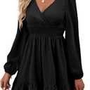 Rooscier Women's Wrap V Neck Swing Ruffle Swiss Dots Long Sleeve Mini Dress (Large, Pure Black)