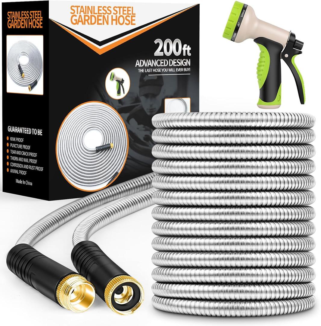 Garden Hose 200ft, Stainless Steel Heavy Duty Water Hose with 10 Function Nozzle Flexible, Lightweight, No-Kink, Pet Proof, Puncture Proof Metal Hose for Yard, Outdoor