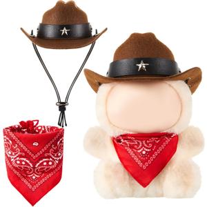 2 Pcs 17cm Doll Cowboy Costume Accessories Mini Western Cowboy Hat with Bandana Scarf Outfit Set Accessories for Birthday Christmas Anniversary Collectors' Gift, Doll Not Included