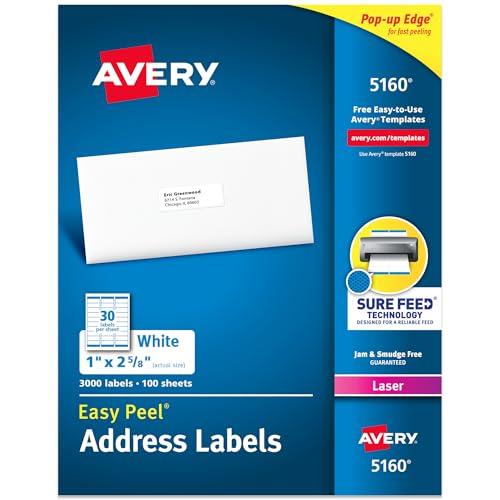Avery Easy Peel Printable Address Labels with Sure Feed, 1" x 2-5/8" Customizable Stickers, White, 3,000 Blank Mailing Labels, Great for Mailing, Shipping, and More (5160)