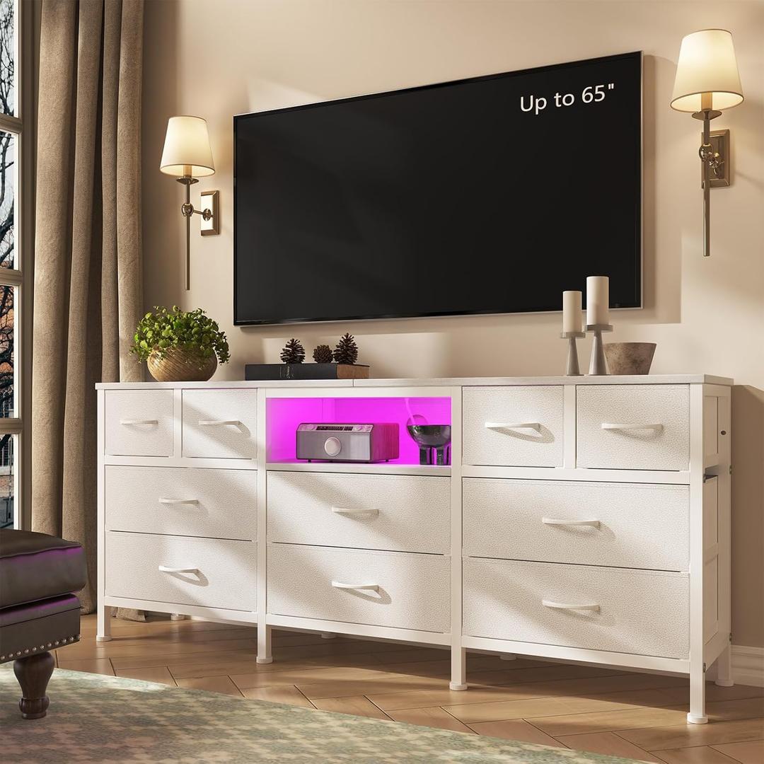 White Dresser for Bedroom with LED Lights and Power Outlets, 55" TV Stand with 10 Drawers & Open Shelves, Fabric Chest of Drawers with PU Finish, Metal Frame, Wood Top (White)