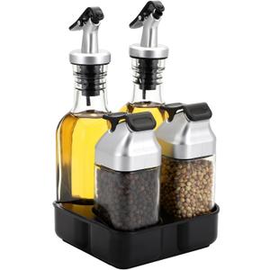 Jucoan 5 PCS Oil Vinegar Dispenser Bottles Set with Caddy Stand, Tabletop Glass Salt Pepper Shaker Olive Oil Vinegar Cruets Set with Tray for Home Kitchen Restaurant RV Camp Travel Wedding Party