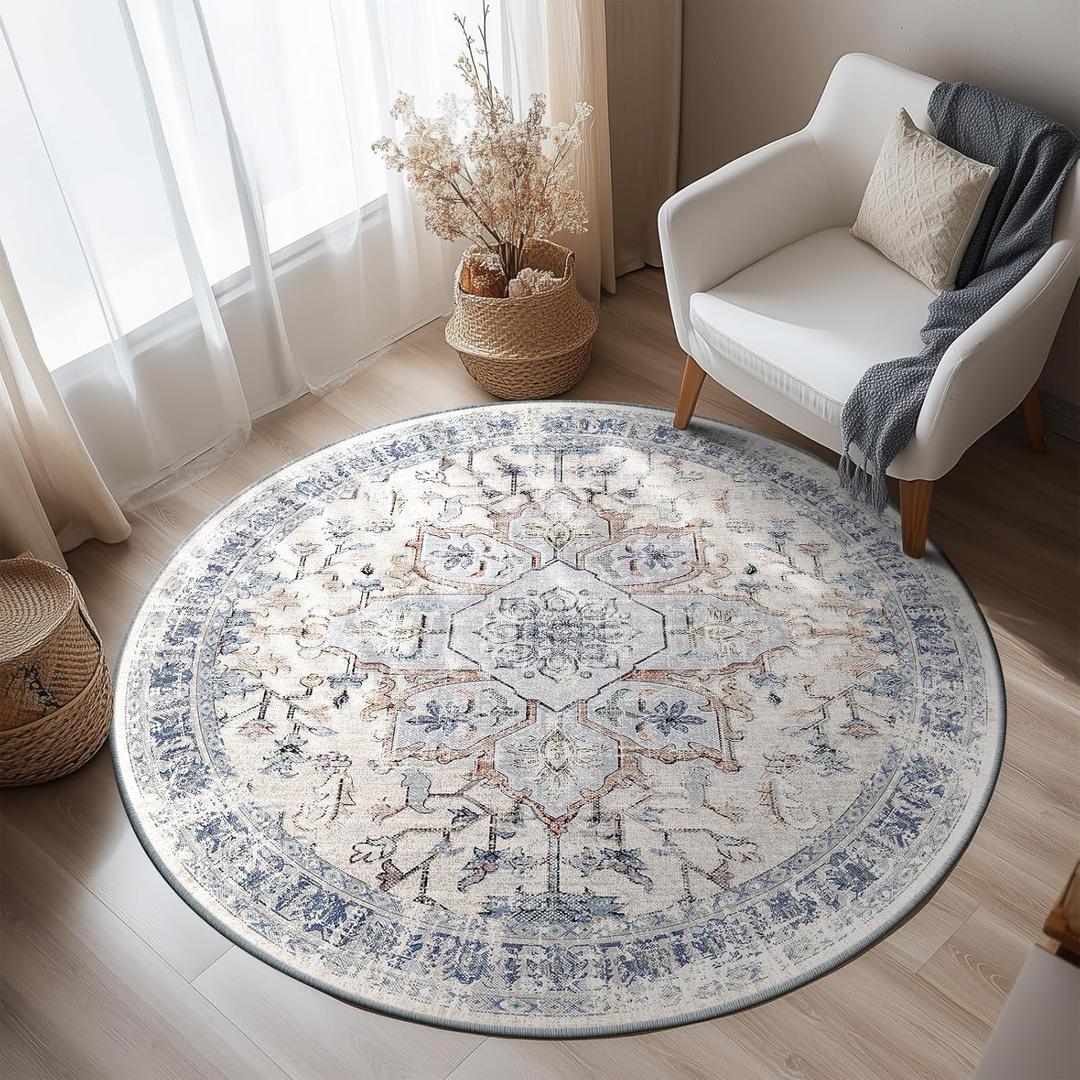 BESTSWEETIE 4ft Area Rug Washable Rugs for Living Room, No Pile Boho Carpet for Entryway Bedroom Dinning Room, Vintage Carpet Print Distressed Non-Slip, 48" Round, Beige Blue