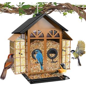 TayePin Bird Feeders for Outdoors Hanging, Metal Wild Bird Feeders with Double Suet Cage, 4LBS Large Capacity for Outside Garden Waterproof, ldeal Gifts for Birds Feeding Finch Cardinal, Brown
