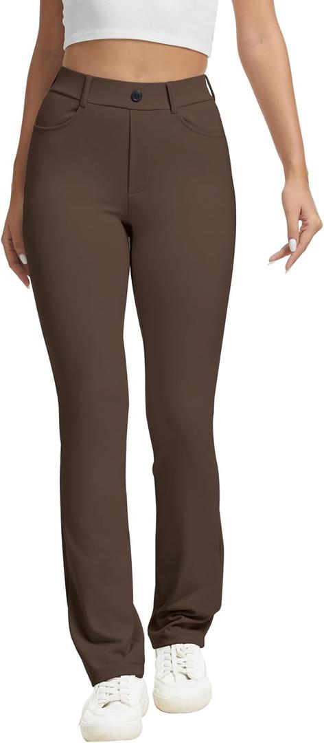 VIMPEP Womens Stretchy Yoga Dress Pants High Rise Straight Leg with Pockets Casual Petite/Regular 1202 (Brown, S)