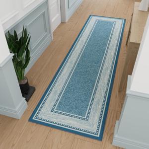 Ottomanson Hallway Runner Rug 2'7" x 9'10" Non Slip Rubber Backed Carpet Runner for Hallways, Entryway, Living Room, Long Low Pile Indoor Floor Runner Rug, Border Blue
