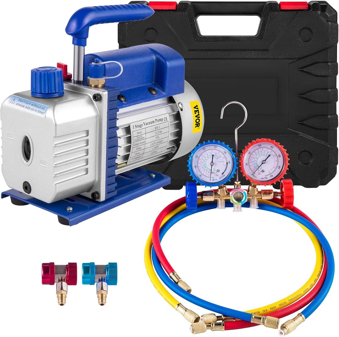 VEVOR 3CFM 1/4HP Single Stage Air Vacuum Pump HVAC R134a R12 R22 R410a A/C Refrigeration Kit AC Manifold Gauge R134 Included Carrying Tote