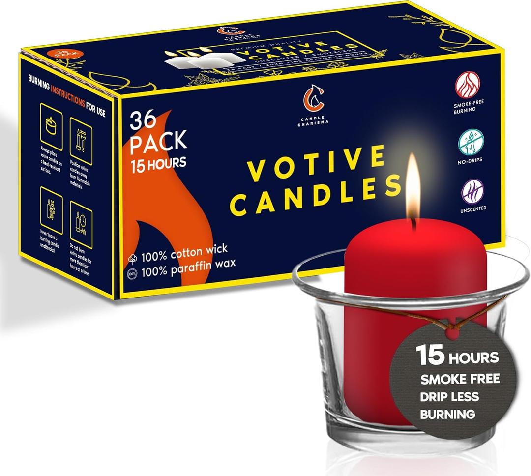Candle Charisma Red Unscented Votive Candles - 15 Hour Burn time - Set of 36 for Dinner, Wedding, Halloween and Holiday Decorations