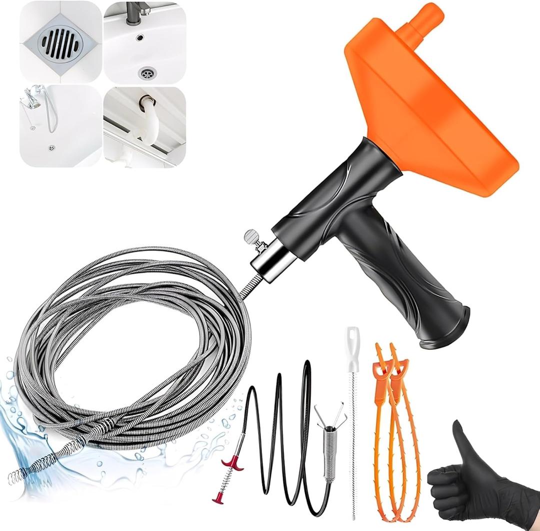 Drain Snake Auger（33 Feet）, Plumbing Snake Drain Hair Clog Removal Tool, Heavy Duty Snake Auger, Sink Unclogger Drain Cleaner Tool for Bathroom Kitchen Tub Shower Drain Clog Remover with Gloves