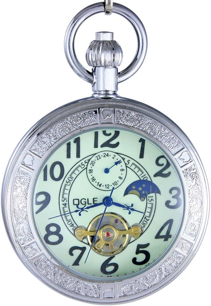 OGLE Waterproof Luminous Magnifier Tourbillon Moon Sun Chain Fob Self Wind Automatic Mechanical Pocket Watch