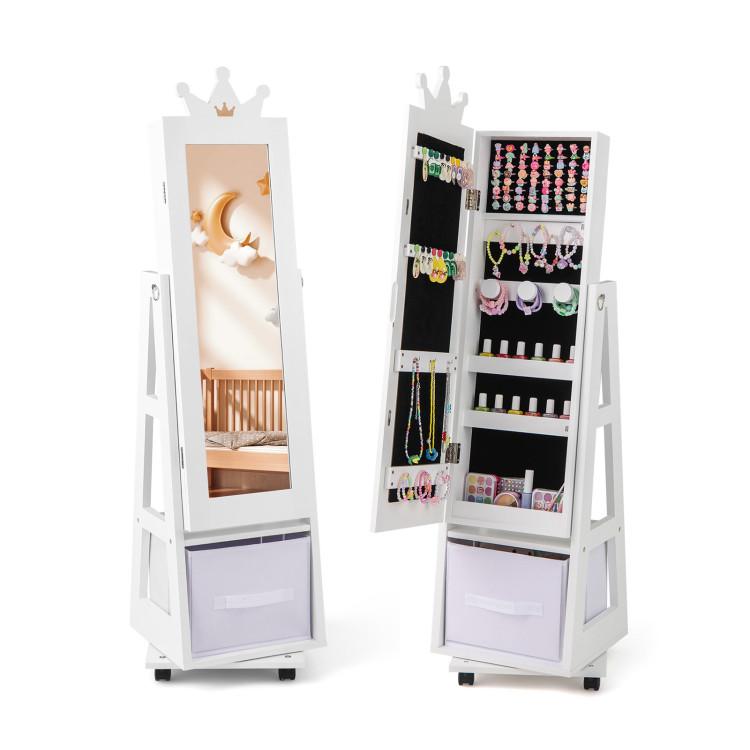 Kids Jewelry Armoire Cabinet with Swivel Base and Lockable Universal Wheels