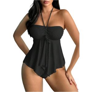 SOLY HUX Tankini Swimsuits for Women Drawstring Halter Bikini Two Piece Bathing Suits (Solid Black, XL)