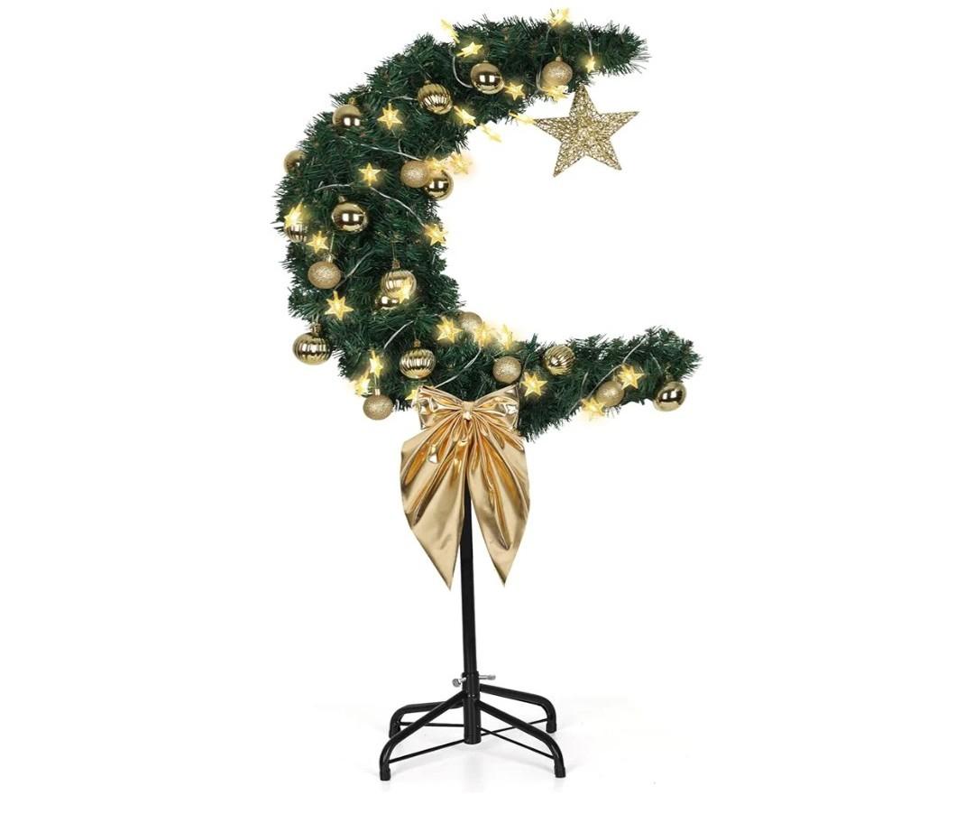 3 FT Eid Ramadan Moon Tree, Lighted Crescent Artificial Tree with LED Star String, Islamic Decoration for Garden, Indoor, Home, Party Decor(Green)