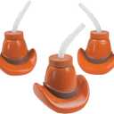 Fun Express Cowboy Party Favors - Western Cups with Lids & Straws 12 Pack | Cowgirl Birthday Party Supplies for Kids | Rodeo Themed Celebrations | Plastic Cowboy Hat Cups 15oz | Boot Cup Design