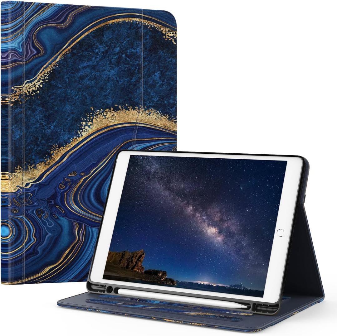 OKP Case for iPad 9th Generation 2021 / 8th Generation 2020/ 7th Gen 2019 10.2 inch Case with Multi-Angle Viewing PU Leather Flio Stand Cover with Pencil Holder&Pocket,Auto Sleep/Wake,Marble Darkblue