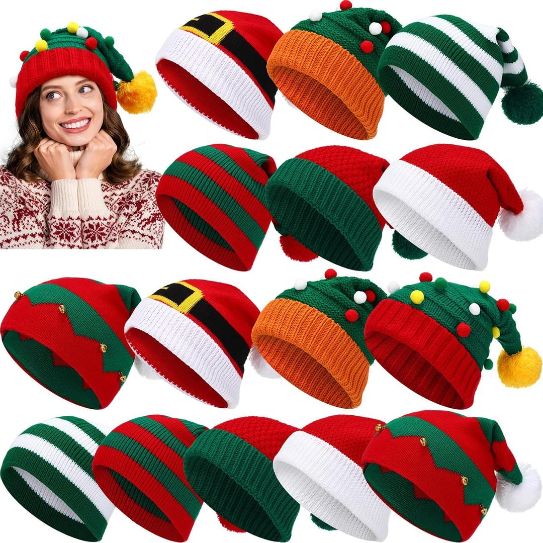 Suhine 16 Pcs Christmas Knitted Hat Winter Knitted Crochet Beanie Xmas Santa Hats Bulk Holiday Tree Striped Warm Crochet Caps for Adults Kids