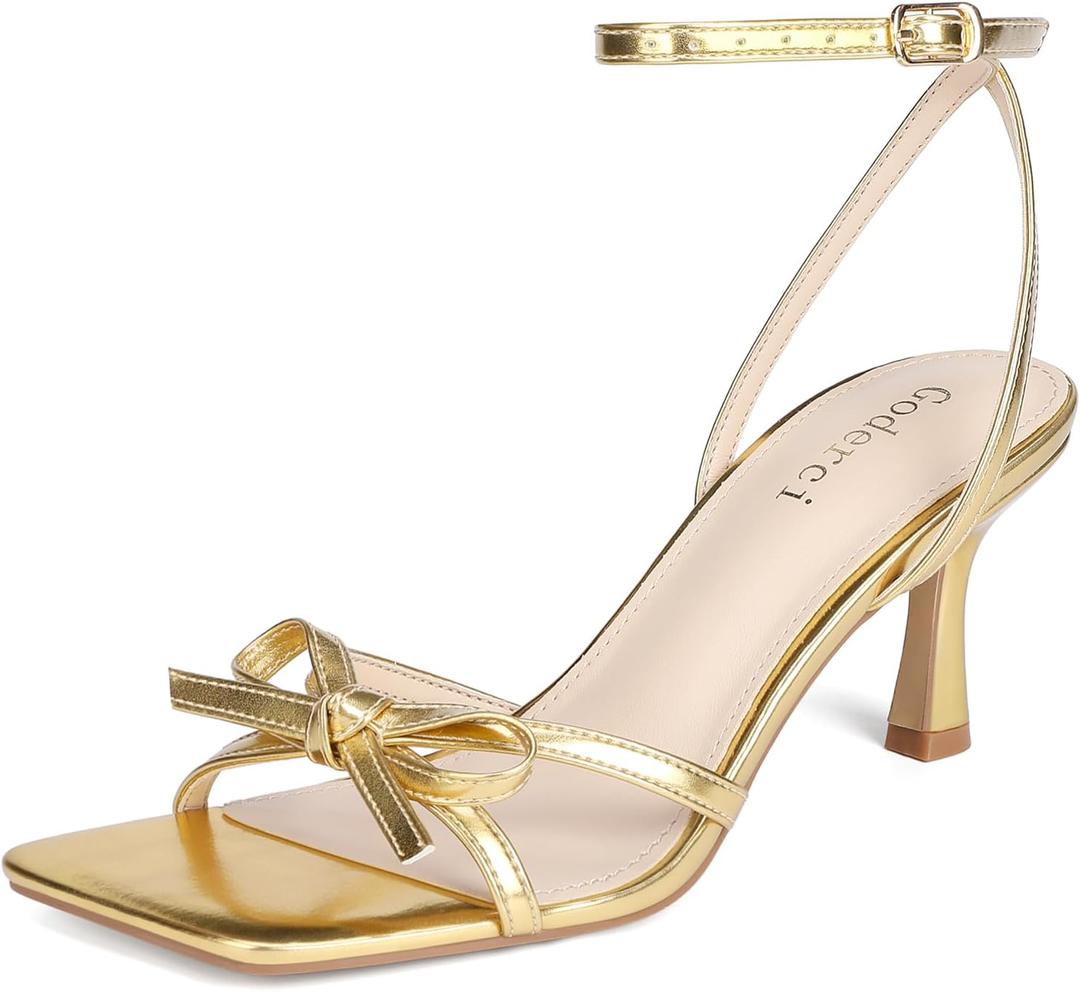 Goderci Kitten Heels with Bow Strappy Heels for Women Square Open Toe Mid Heeled Sandals (8, Gold)