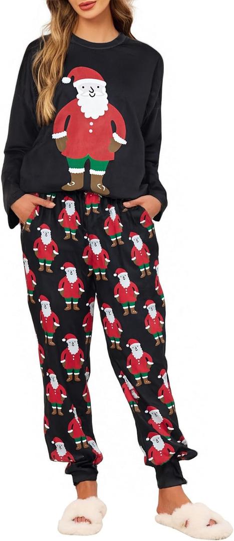 BLANCHES Christmas Pajamas for Women Set, Long Sleeve Holiday Pjs Sleepwear Lounge Soft Xmas Jogger Pajama with Pockets (Black-1) Large