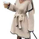 Fall Sweater Dresses for Women 2025 with Belt, Oversized Long Sleeve V Neck Knee Length A Line Color Block Knit Dress, Apricot, Small