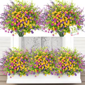 ATTGREAT Artificial Spring Flowers Outdoors UV Resistant Fake Greenery Plants Realistic Plastic Flowers Outside Faux Silk Wildflowers for Home Planter Porch Garden Decor, 12 Bundles (Multicolor)