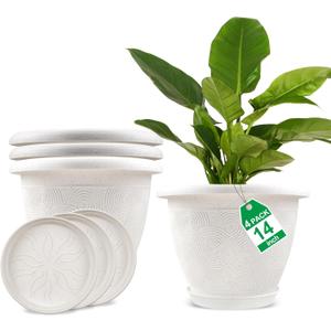 Plastic Flower Pots Planters for Indoor Plants, 4 Pack 14 Inch White Plant Pots with Drainage Hole & Tray, Modern Decorative Large Plant Pot with Saucer for Indoor Outdoor Plants Garden House Planter