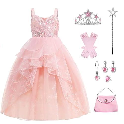 WYB Glinda Dress for Girls Pink Witch Costume for Girls Halloween Cosplay Outfits Party Dress with Accessories (9-10 years)