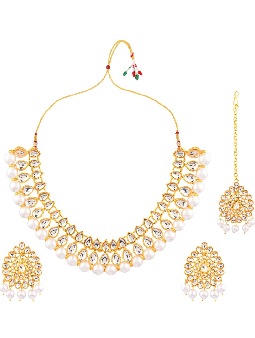 Efulgenz Kundan Necklace Indian Jewelry Kundan Crystal Faux Pearl Necklace Set Bollywood Wedding Choker Necklace Earrings Maang Tikka Bridal Set for Women