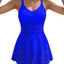 Womens Tankini Swimsuits Tummy Control Bathing Suit Twist Front Cutout Swim Dress with Bikini Bottoms (Blue, L)