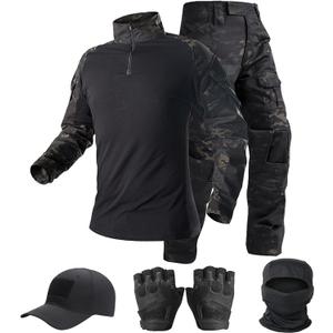 Tactical Suit,Combat Pants and Shirt,Cap Gloves Balaclava Set,Black Camo Uniform Men's Military Airsoft Gear, (Medium)