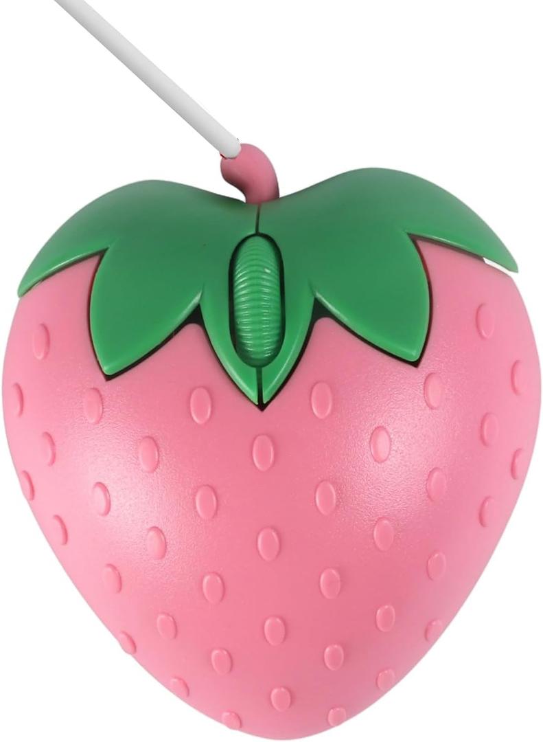 Wired Mouse Cute Pink Fruit Strawberry Shape Mice, Silent Portable Lightweight USB Girly Optical Corded Mice for Chromebook PC Laptop Mac Computer Desktop Notebook Kids Girl Women Office School Gift