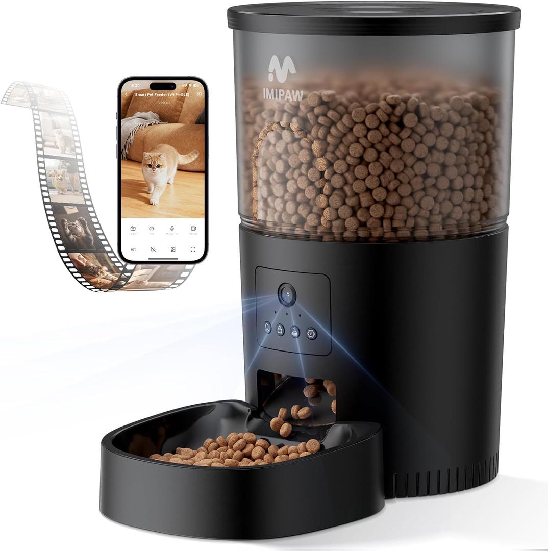 IMIPAW Automatic Cat Feeder with Camera - AI Pet Recognition & Recording, Night Vision, 5G WiFi APP Remote Control, Two-Way Audio & Desiccant Bag, Timed Programmable Food Dispenser for Small Pets (Black)