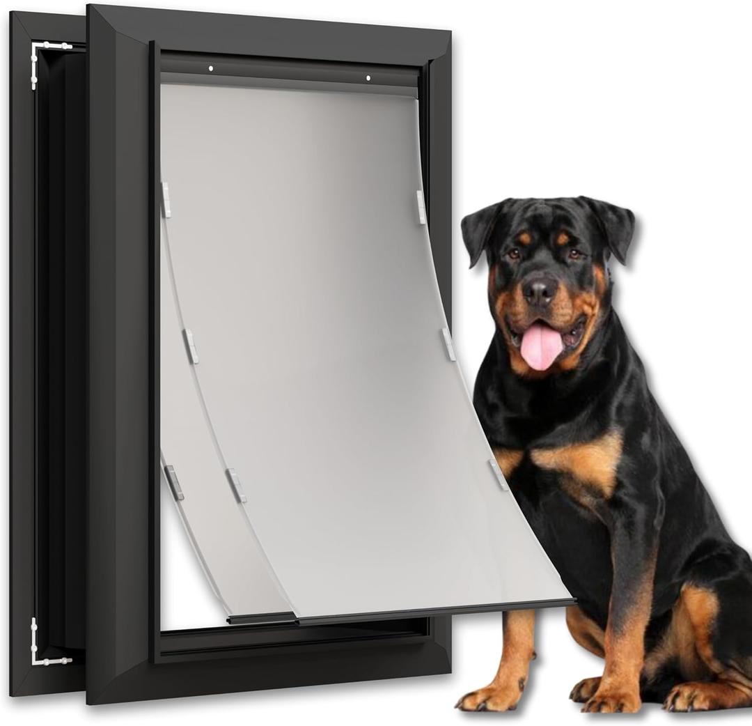 X-Large Aluminum Dog Door for Exterior, Cutout Size 14 1/ 2''W x 25 1/ 8''H, Heavy Duty Magnetic Double Flap for Extreme Weather, Energy-Efficient, Easy to Assemble, Lockable Panel Included, Black