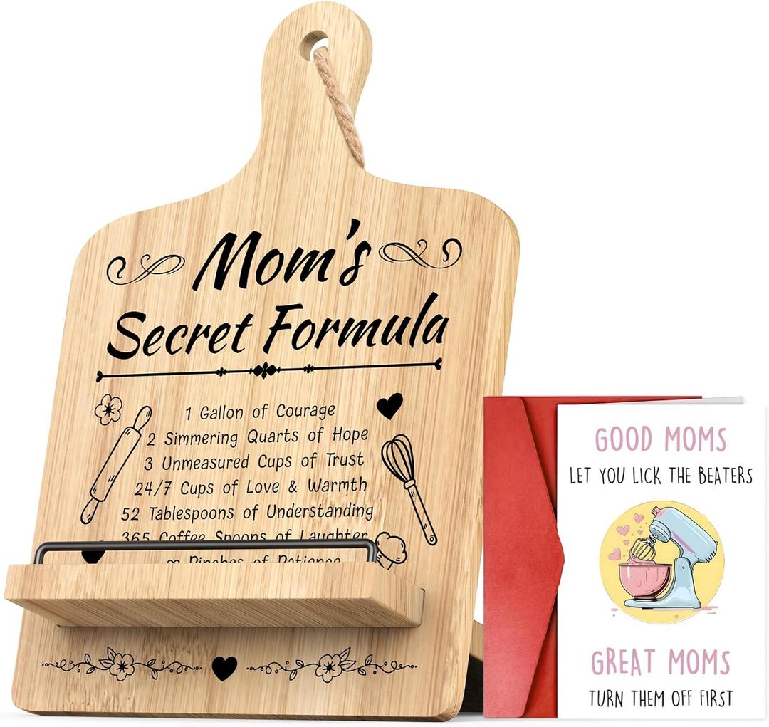 Unique Christmas Gifts for Mom, Funny Kitchen Gift for Women, Wooden Cookbook Stand for Kitchen Counter, Recipe Cook Book Holder for Mothers Birthday Christmas Presents(with Greeting Card)