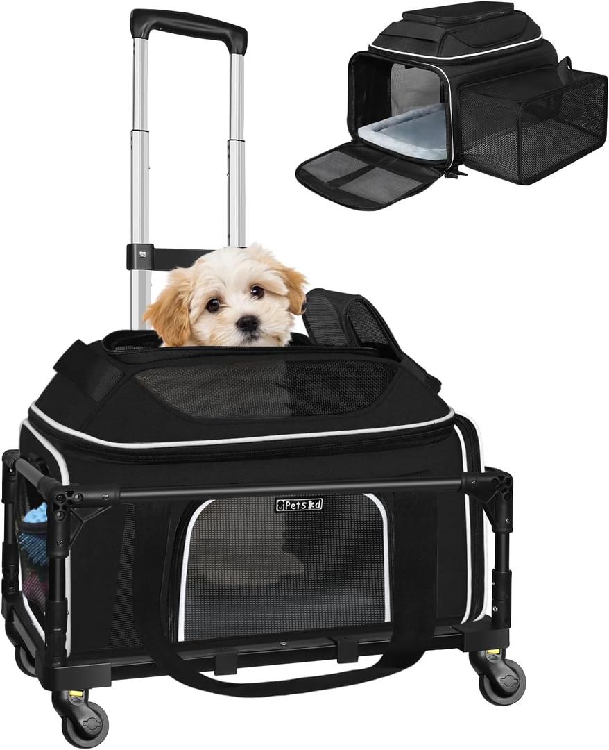 Top & Side Expandable Small Pet Carrier with Wheels Airline Approved
18"Lx11"Wx11"H, for Delta/United/American Airlines, Pets Under 10 Lbs, Lockable Zippers,Soft-Sided, Anti-Scratch Mesh, Black