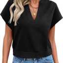 Fisoew Womens Cropped Tops Summer V Neck Cap Sleeve Casual Loose Fit T Shirts (Medium, Black)