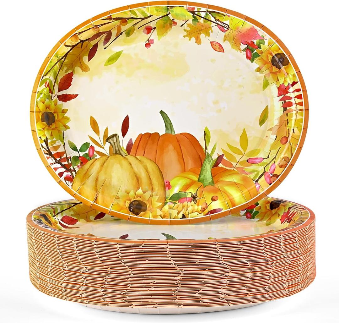 Homlouue 12x10 Oval Fall Paper Plates, 50PCS Fall Leaves Pumpkins Plate, Heavy Duty Thanksgiving Plates, Large Thanksgiving Paper Plate Disposable for Autumn Theme Party Decoration Serve 50 Guests