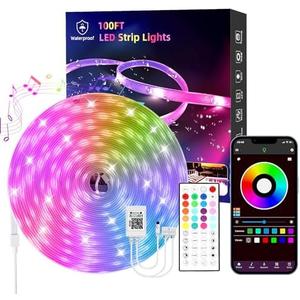 100 FT outdoor LED strip lights (2 rolls of 50 FT), IP65 waterproof, music synchronization RGB LED light, with 44 key remote control and application, used for outdoor, balcony, and roof decoration